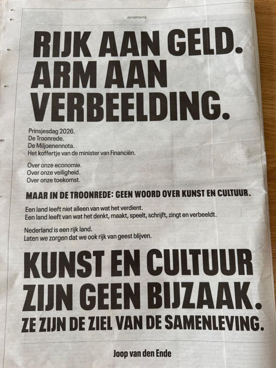 Geen kunst en cultuur in de troonrede